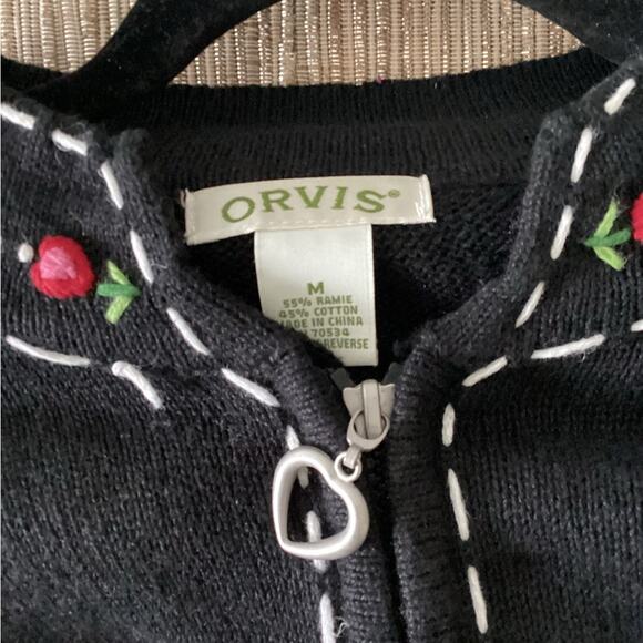 Orvis Women's Full Zip Sweater Black Embroidered Hearts Floral Size M - Picture 4 of 6